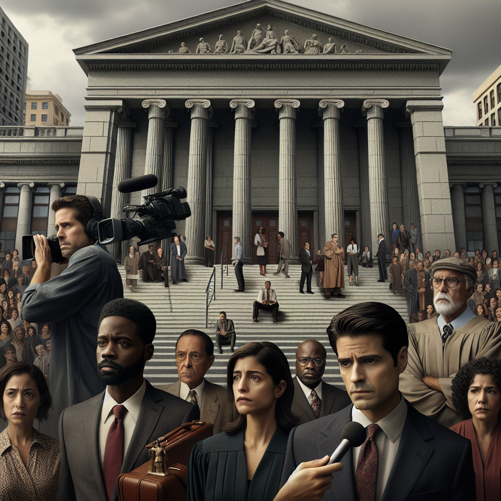 A classic old courthouse exterior with stone pillars and steps in a crowded urban setting. In the foreground, a group of diverse individuals: a Caucasian male reporter with a mic, a Hispanic female lawyer carrying a briefcase, a South Asian male juror looking serious, a Middle-Eastern female witness pensively staring into the distance, and a Black male judge in robes holding a gavel. At the back, a suggestion of a crowd formed of people from various descents, waiting in anticipation for the reveal. The sky is overcast, adding a sense of tension to the atmosphere.