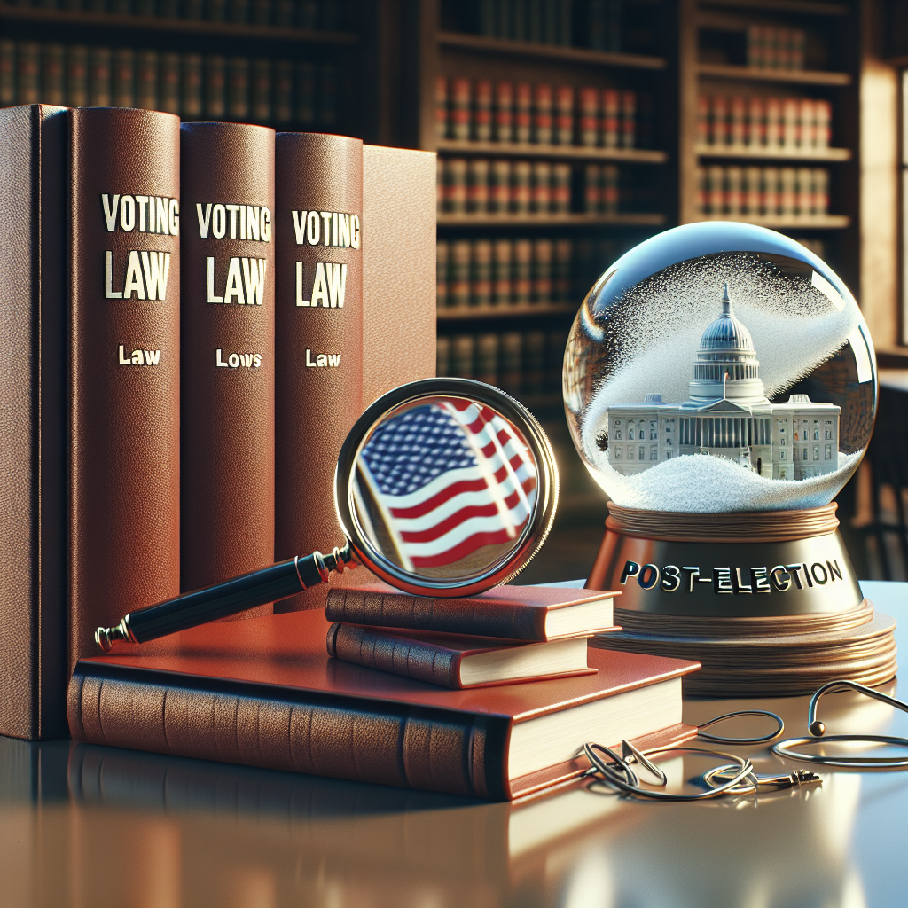 A balanced, non-partisan image showcasing the topic of voting law changes and their impact post-election. Specifically, the image should include a symbolic representation of election law books with a large magnifying glass focusing on the books, highlighting the concept of examination and understanding. To convey the impact, a shaken snow globe containing a city skyline should be placed next to the books, indicating the post-election ripple effect. These elements should be arranged on a smooth wooden table with a background of an empty, quiet study room conveying the tone of a calm, informational guide.