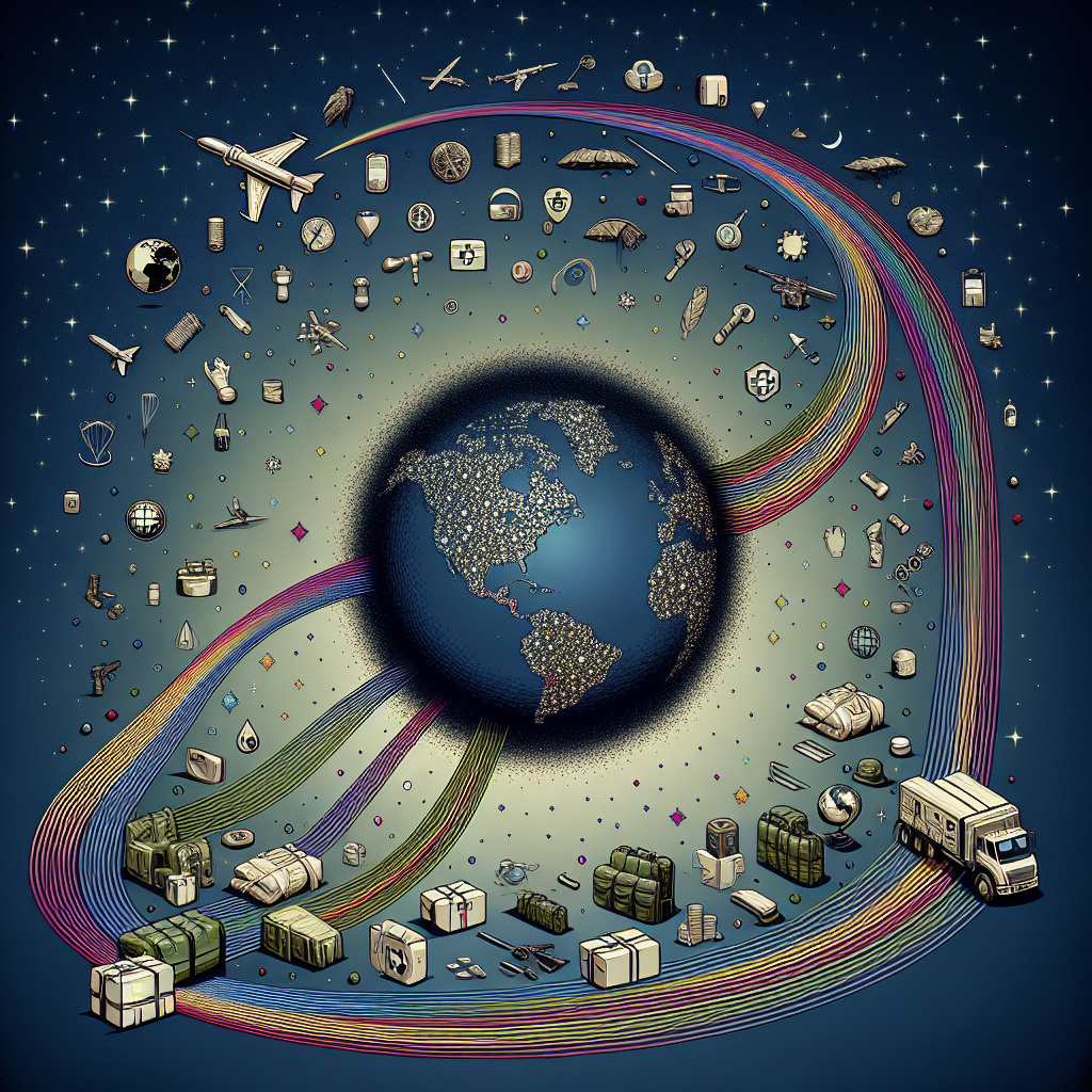 An intricate image displaying a symbolic representation of global security. Include elements like a detailed globe at the center, hemispheres split by lines symbolizing latitude and longitude. Spread around it are various elements symbolizing military aid such as medical kits, food packages, tents, and tactical gear. Leading from the globe are multicolor paths reaching out to these items, symbolizing the flow of aid. The background should be a muted navy blue void of stars to capture the global aspect. All the elements should be structured in an orderly fashion, reflecting systematic decision-making.