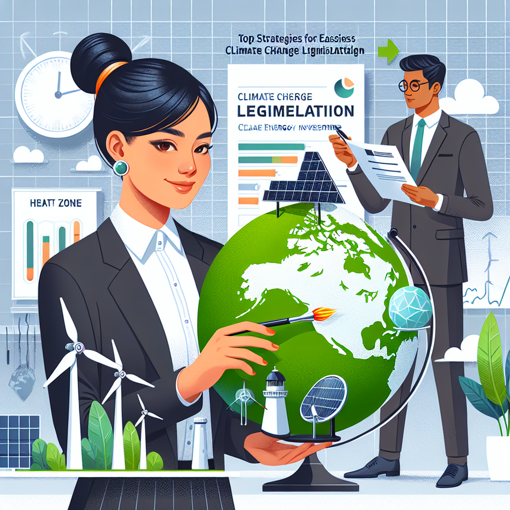 Showcase an image illustrating the concept of clean energy investments meeting legislative measures for climate change. Picture a confident, Middle-Eastern businesswoman in formal business attire placing a miniature wind turbine, a solar panel, and a hydropower plant onto a green globe that is showing heat zone indications. To her side, a South-Asian male legislator in a smart suit is seen reviewing a document titled 'Climate Change Legislation'. Also include a background banner with the words 'Top Strategies for Effortless Climate Change Legislation'.