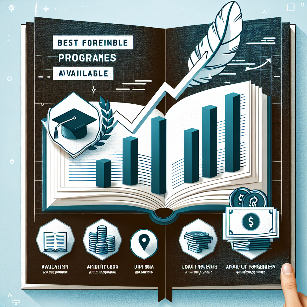 A well-structured infographic that elucidates the latest updates in student loan repayment. Display an open book in the background, representing education, with an ascending graph imposed on the pages, signifying progress. In the foreground, show three different icons related to available loan forgiveness: A feather symbolizing 'best available programs', a diploma and a money bag. Include a banner at the bottom with the text 'Best Forgiveness Programs Available'. Remember to render the image in a modern, crisp and informative style.