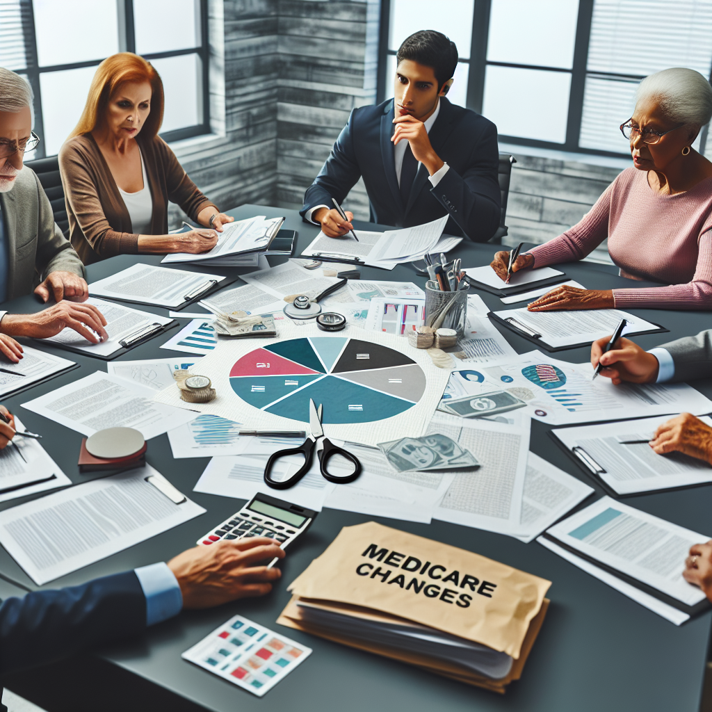 A detailed and informational image showcasing a group of individuals actively engaged in a meeting discussing healthcare costs. The image should focus on a substantial table filled with documents, pie charts, and calculators signifying careful analysis. At the table, a middle-aged Caucasian woman, a mature black man, a young South Asian man and an elderly Hispanic woman are all contributing their ideas. Also include an oversized pair of scissors in the background symbolizing cost-cutting efforts. Stack of papers labeled 'Medicare Changes' should be easily spotted to assert the topic's relevance.