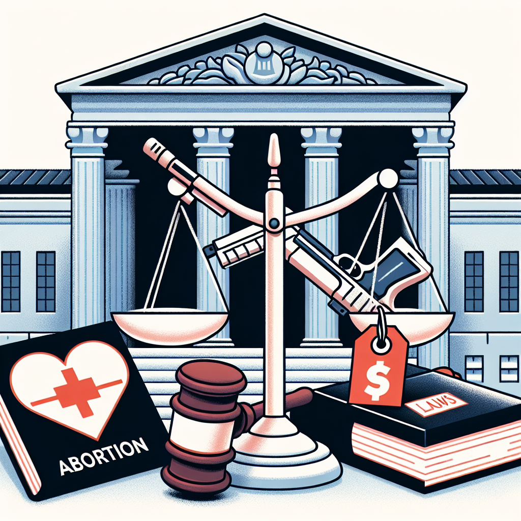 An illustration representing three major issues under the purview of the supreme court. The first symbol is a medical icon symbolizing the abortion debate, resting on a scale representing legal balance. The second image is a stylised representation of a firearm interlocked with a gavel for the gun laws debate; and the final image is a pile of books next to a student cap with a price tag attached, symbolizing the student loan issue. There should be a large supreme court building in the background for context, rendered in a classic architectural style.
