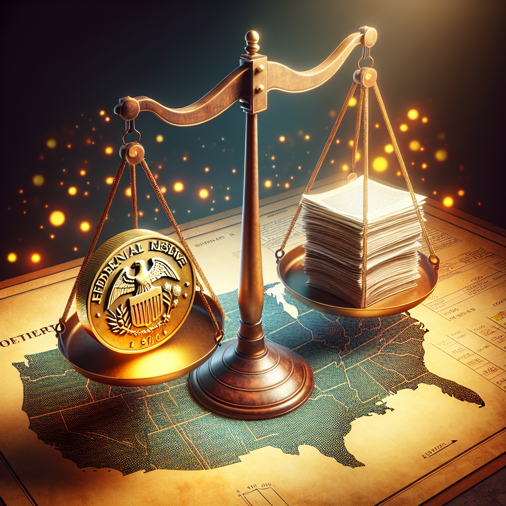 An illustrative depiction of a large scale balancing mechanism situated over a stylized map of the United States. On one side of the balance, an antique gold coin symbolizing the Federal Reserve, and on the other side stacks of paper documents, denoting interest rate decisions. The mechanism is tilting towards the document side, conveying the impactful nature of these decisions. In the background, glowing dots, possibly representing various sectors of economy are reacting (increasing or decreasing in glow) based on the tilt direction.