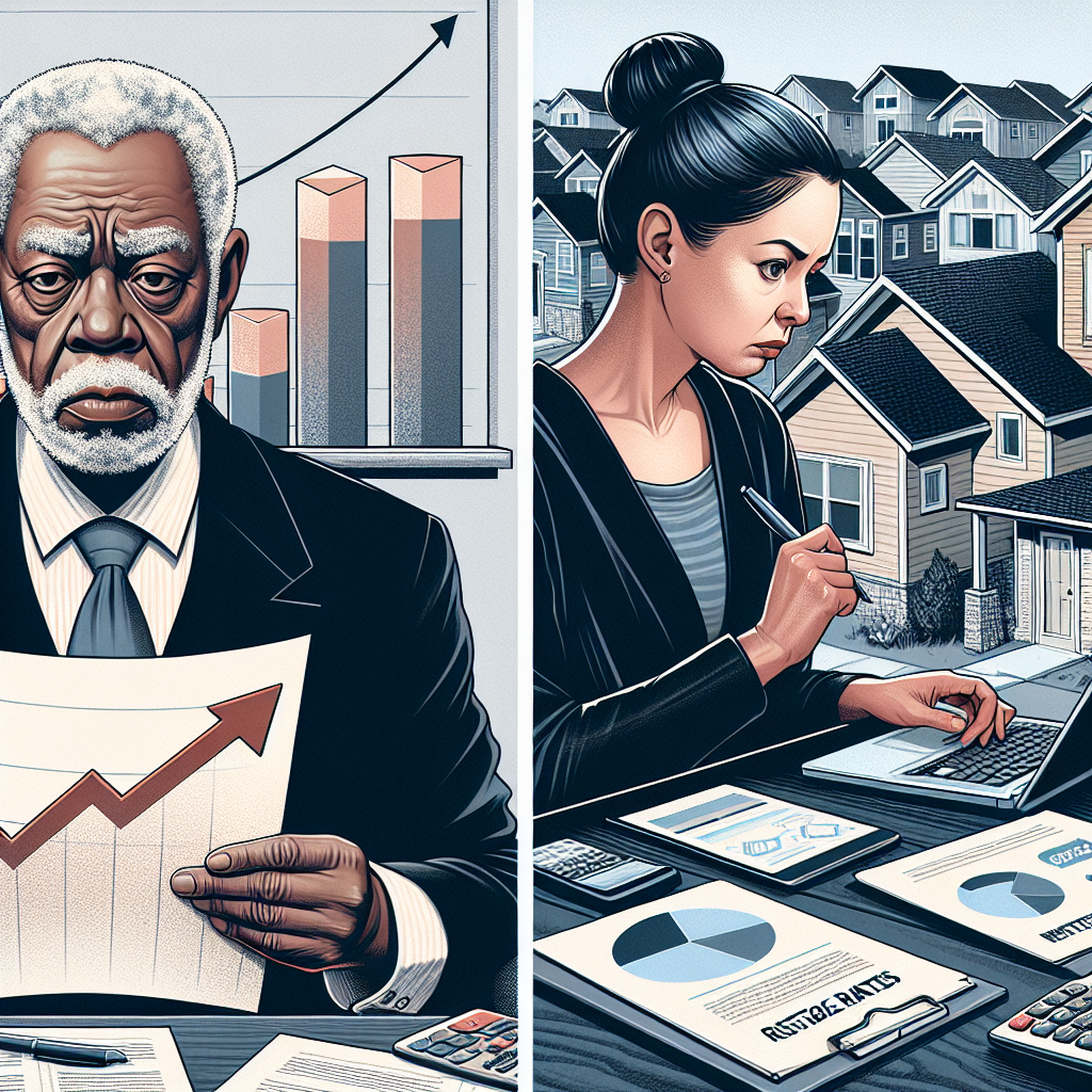 An illustrative image for an article centered around the US housing crisis. On the left, depict an aged male who identifies as Black, dressed in formal attire, looking at documents with a concerned expression. These papers represent rising mortgage rates, symbolized by a graph with an upward trend. The background should be a neighborhood of suburban houses implying a US residential area. On the right, present a middle-aged female of Hispanic descent researching best strategies on a laptop: the screen shows charts, calculators, and finance-related icons. The overall ambiance should convey seriousness and urgency.