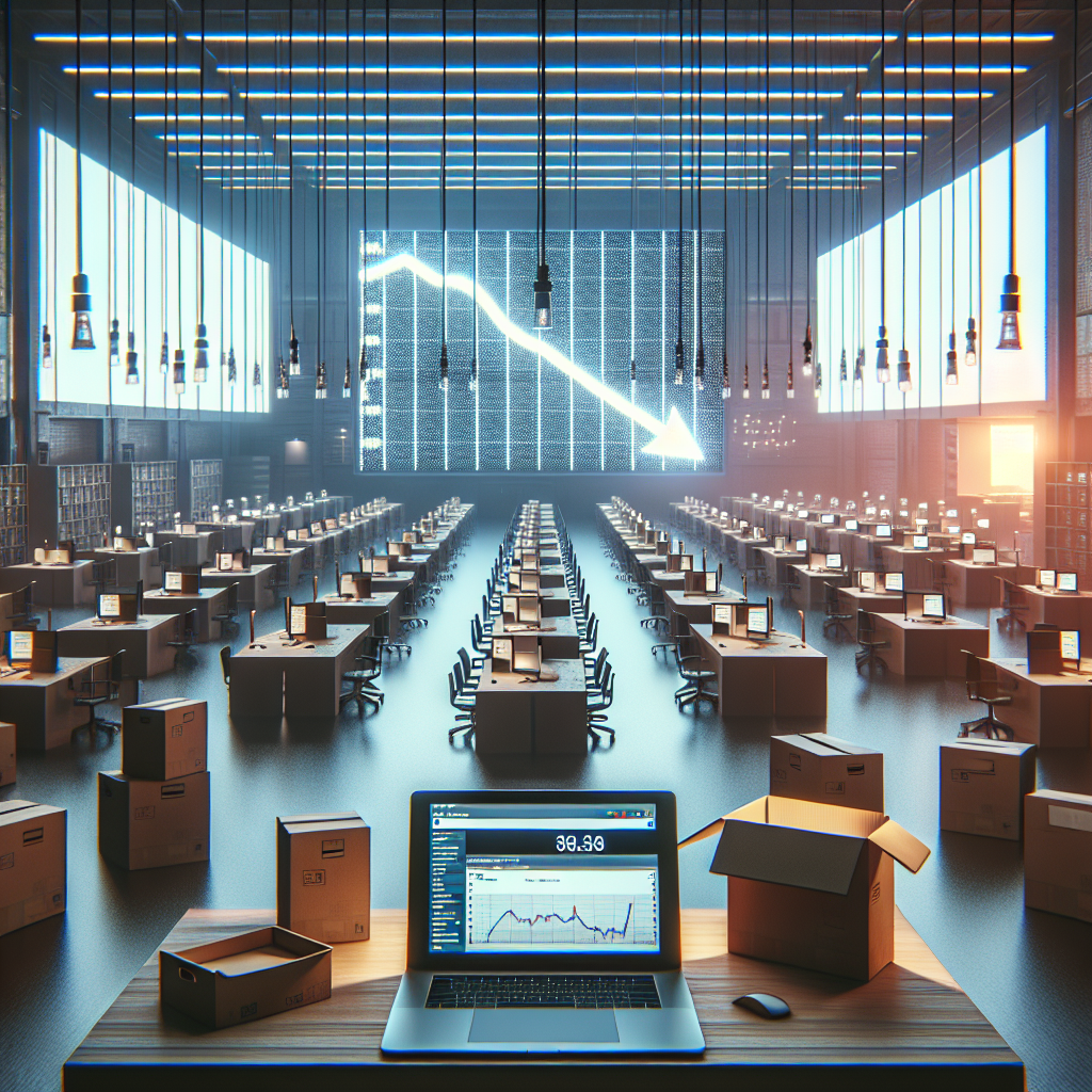 Visualize a scene associated with layoffs in the tech industry in the United States. Imagine a large office space illuminated by hanging fluorescent lights and filled with rows of identical, unoccupied desks. Show a stack of empty boxes ready for employees to pack their belongings. A laptop screen in the near foreground displays a chart plummeting downwards, symbolizing the company's falling performance. Display a whiteboard with a job-search website on the screen. The atmosphere should be somber, yet there's a glimmer of hope as the employees are exploring new opportunities. No specific person should be in the image.