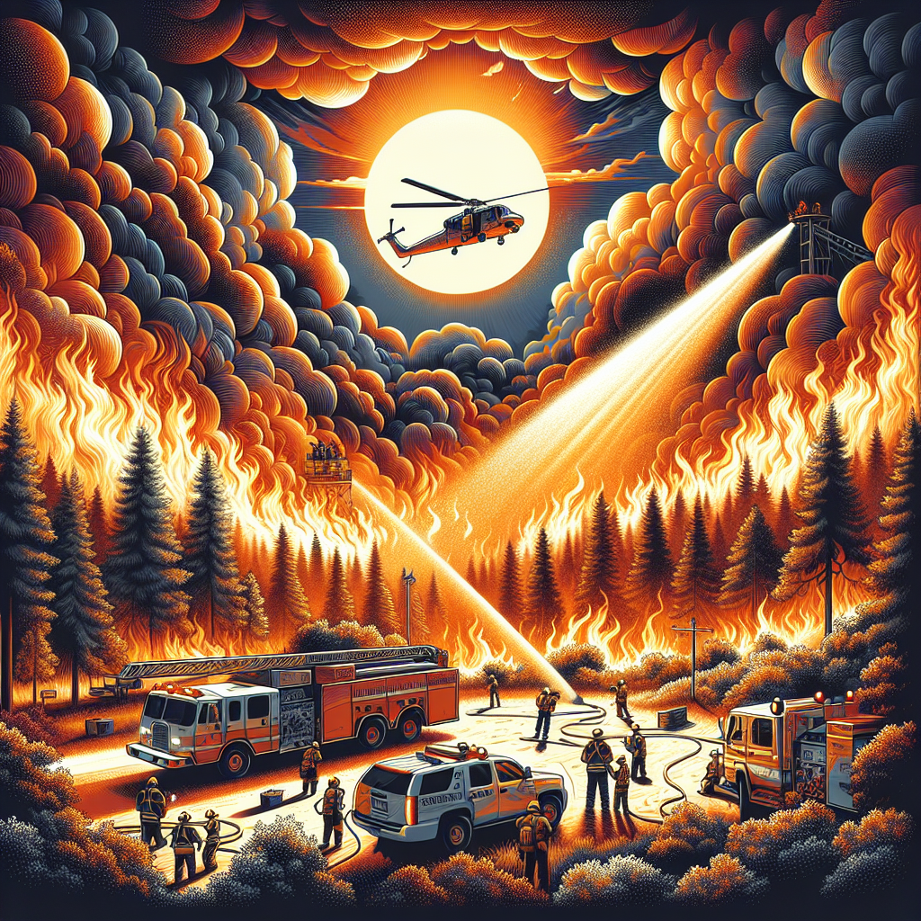 Produce an illustration depicting the potency of a wildfire during an intense heatwave. The scene should convey a thick orange and red haze of a wildfire raging in a dense forest under the scorching midday sun. Highlight the key features of a heatwave such as the blazing sun and shimmering air. Also, include various emergency strategies such as a team of firefighters, diverse in gender and ethnicity, battling the fire, a helicopter dropping water from above, and cleared safety zones. Do not forget to add details like the vast smoke plume rising to the sky.
