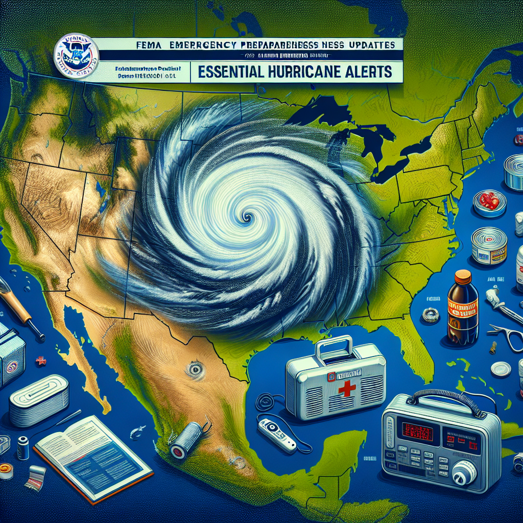 An image showing a digital map of the United States with a large, menacing swirling hurricane centered over the Atlantic Ocean approaching the southeastern coastline. On the side, there are emergency preparedness items such as a first aid kit, canned food, bottled water, and a hand-crank radio. At the top of the page, there's a bold heading reading 'FEMA Emergency Preparedness Updates: Essential Hurricane Alerts'. The style should be realistic, detailed and with vivid colors to show the urgency of the situation.