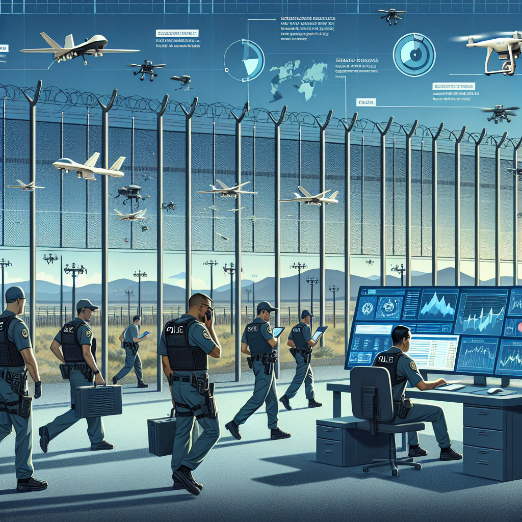 An image of a secure border showing surveillance technology. There's a tall steel fence with installed cameras and drones flying overhead. In the distance, a dedicated team of officials wearing uniforms is seen rushing urgently. Including a male Caucasian official communicating through a walkie-talkie, another male African American officer studying a series of monitors displaying live feeds, and a female Hispanic officer using a computer checking data. On one side of the image, a dynamic infographic is seen, showing recent statistics and updates revolving around immigration policies, represented through charts, graphs, and maps.