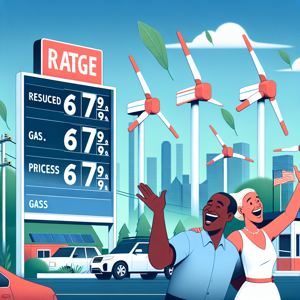 Create an image that encapsulates a change in the US energy policy that has led to a reduction in gas prices. The scene should be diverse and comprehensive, illustrating a gas station with reduced prices prominently displayed on the signage. Let's depict two consumers, a Caucasian woman and a Black man, who are benefiting from the decrease in gas prices, showing joyous expressions. In the background, include sustainable energy sources like wind turbines and solar panels to signify shifts in energy production. Please keep the design realistic, don't include any recognizable individuals, companies, logos or copyrighted material.