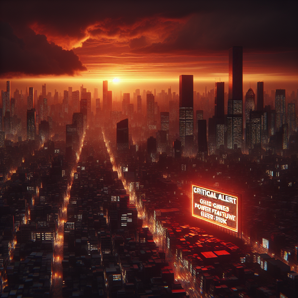 Visualize an ominous sunset over a sprawling metropolis, the orange hues of the evening dramatically contrasting against the dark silhouettes of the buildings. The cityscape, usually bustling with life and glow, is now eerily quiet and shrouded in darkness. A digital billboard that normally presents dazzling advertisements now displays a stark warning in bright red text: 'Critical Alert: Power Grid Failure Risk'. The scene underscores the potential danger of a nationwide blackout, highlighting the vulnerability and potential risks of such an event.