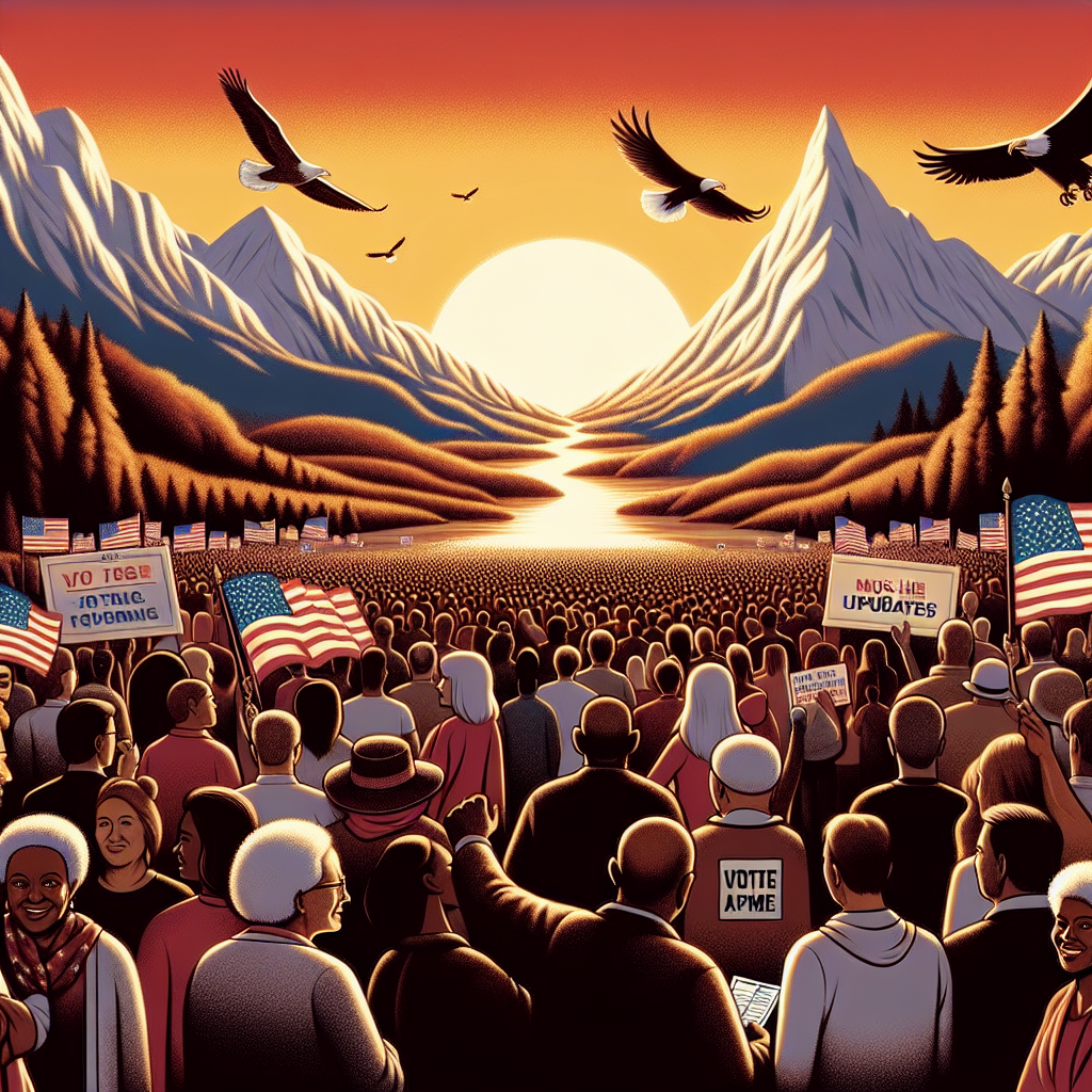 An illustration symbolizing post-election optimism in the United States. The scene should depict a sun rising over a diverse crowd of American citizens, men and women of various descents like Black, White, Hispanic, Middle-Eastern, and South Asian, each holding a voting ballot. This crowd is at the base of a grand mountain that represents the challenge of changing voting laws. Above them, depict an eagle soaring into the dawn sky, symbolizing freedom, and a banner flowing with the phrase 'Must-Have Updates'. Let the atmosphere be warm and hopeful, setting an optimistic tone.