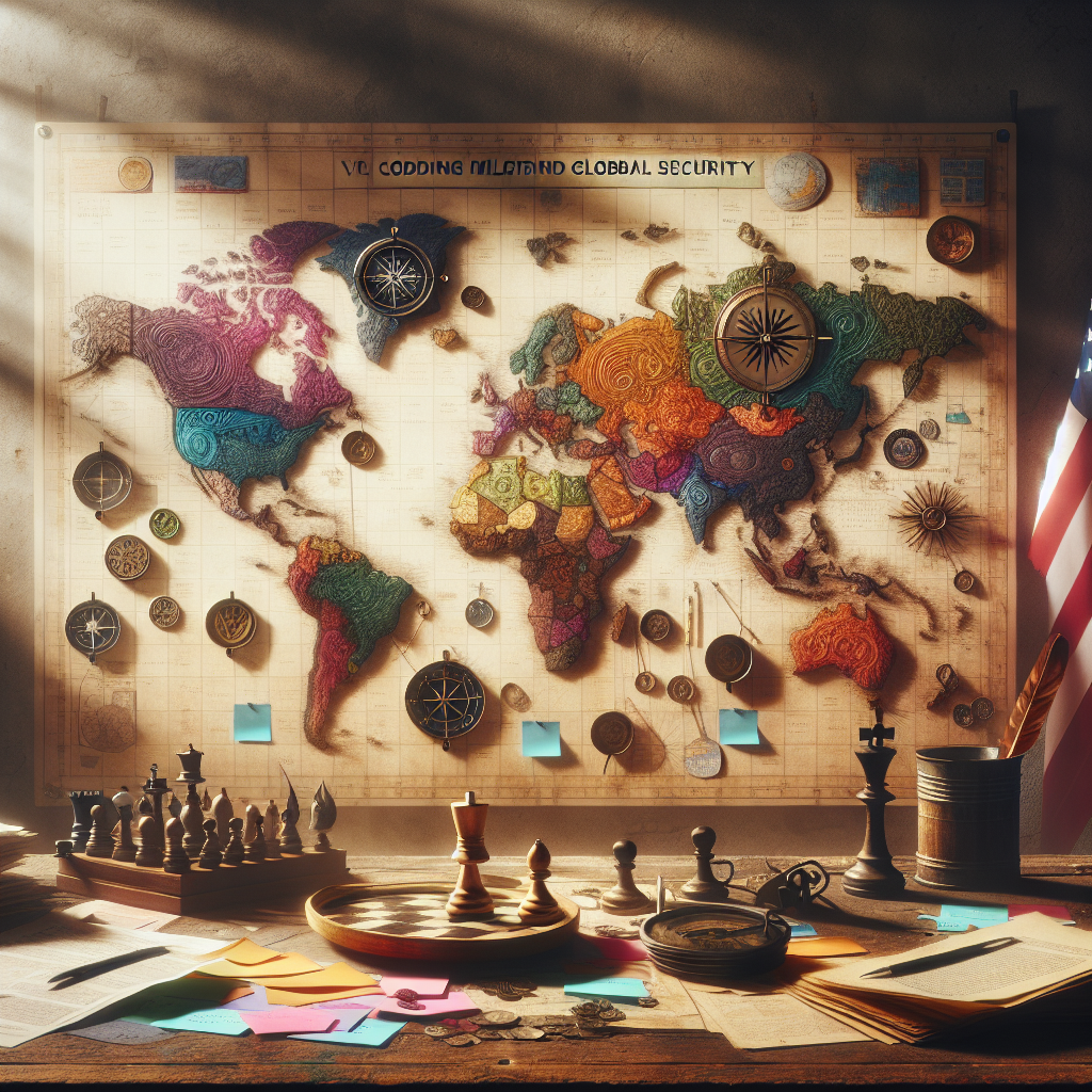 An intricate, colorful world map laid out on an aged oak desk, showing various geographical regions and countries, commingled with different elements of security. Overlaid are symbolic, 3D objects representing key military aid strategies -- a chess piece, an antiquated compass, a feathered quill, and a pair of balanced scales. To one side, a corkboard is scattered with multi-colored sticky notes bearing key words in decoding global security. In the background, a soft, diffuse sunlight streams through a foggy window, touching an American flag pinned to the wall softly. The textures, shadows, and lights conspire to create a mood of thoughtful contemplation.