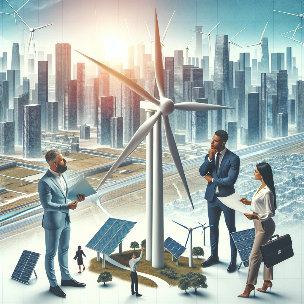 Picture a large, modern city skyline against a clear, blue sky. The city is practically bristling with different forms of clean energy infrastructure. In the foreground, a Caucasian and Middle-Eastern man in business attire are inspecting a windmill model, discussing strategic plans. Nearby, a Black woman and a Hispanic woman, also in business suits, are holding solar panel blueprints, examining them critically. Insert text overlay that reads 'Clean Energy Investments: Best Strategies for Climate Legislation Now'.