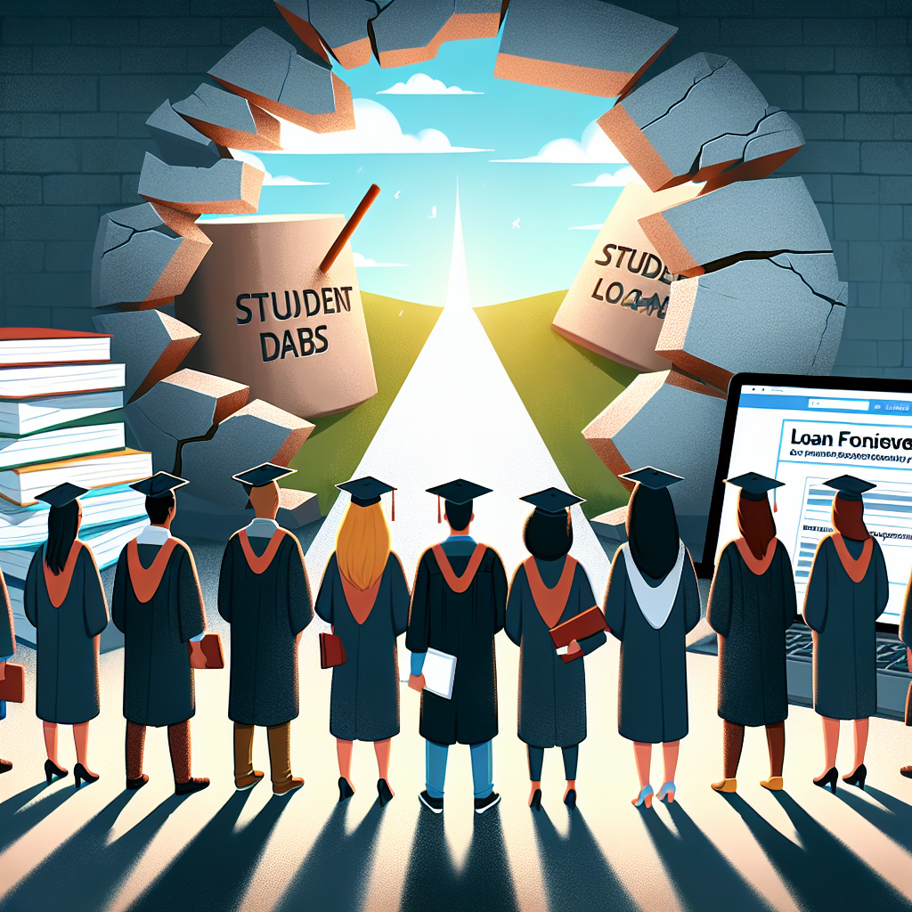 A diverse group of college graduates standing with diplomas in their hands. Behind them, a massive stone is cracked and breaking apart, symbolizing the weight of student debt being lifted. The stone has the words 'Student Loans' carved into it. Up ahead, a bright path is opening up, indicating a future free of debt, made possible by loan forgiveness programs. In the foreground, a laptop shows a website detailing various loan forgiveness programs updates. The overall mood of the image is optimistic and hopeful, envisioning a bright future for all graduates regardless of their ethnicity or gender.