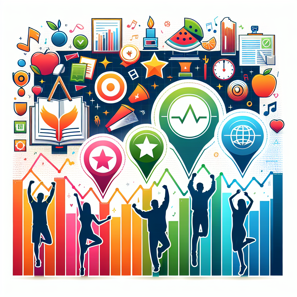 An abstract depiction of four unrelated individuals each reaching a customizable milestone marked by a symbolic icon such as a star, checkpoint flag or trophy associated with their respective fields which could be sports, acting, music, and writing. Additionally, provide an abstract representation of a healthy lifestyle with elements like fruits, a heartbeat symbol, and physical activity symbols. The background could show a timeline, thereby implying the progression of time. Please abstain from using identifiable traits of specific celebrities.