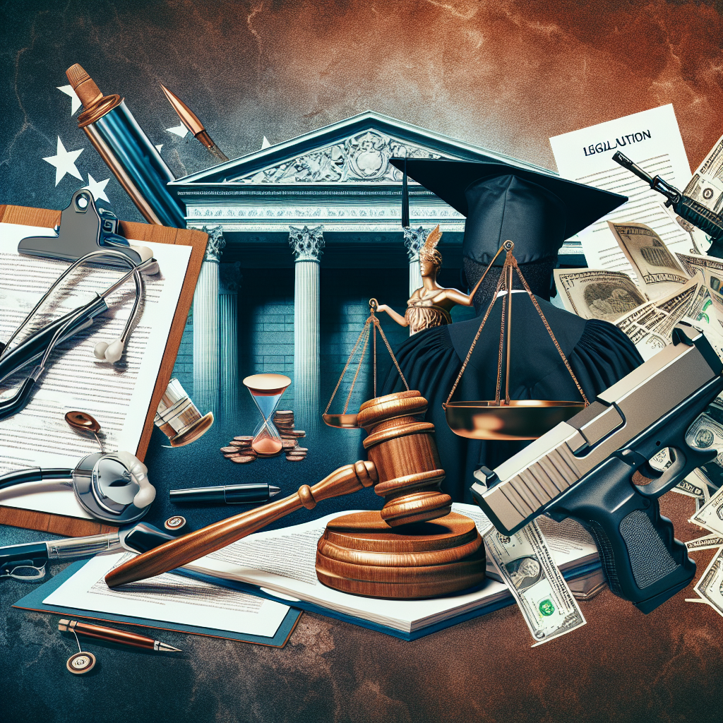 An image representing the themes of legal court rulings on various critical issues. The left side of the image shows a symbolic representation of the healthcare system with a stethoscope and a balance scale, symbolizing the topic of abortion. The center of the image depicts a montage incorporating a gavel, perhaps a piece of legislation and a handgun to symbolize decisions on gun laws. The right side of the image displays a graduate cap and a pile of documents or contracts, representing student loans. These elements are set against the backdrop of a court building to signify legal judgments.