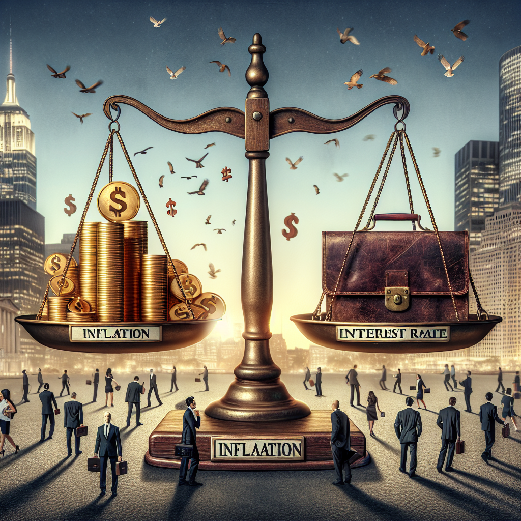 Visualize a large, classic scale centrally placed, one side labelled 'Inflation' and the other 'Federal Reserve Interest Rate'. On the 'Inflation' side, a stack of golden coins are teetering, symbolizing high inflation, while on the 'Interest Rate' side, there is a weathered leather briefcase, indicating the Federal Reserve's decision-making. Around the scale, there are individuals of varying genders and descents busily moving in all directions, representing the strategies being utilized to manage inflation. The background is a bustling financial district skyline at dusk.