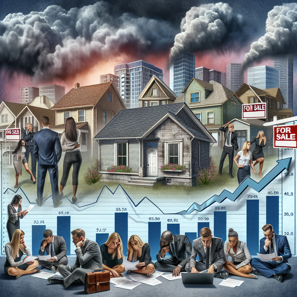 A conceptual depiction of the US housing market in crisis due to rising mortgage rates. In the foreground, present an ethnically diverse group of people, both male and female, visualizing anxiety while examining documents symbolizing mortgage statements. The background should depict a variety of residential buildings, perhaps with for sale signs and clouds indicating a stormy market. Also, incorporate a rising graph indicating the escalating rates of the mortgage. Encapsulate a general tone of concern and caution regarding the situation.