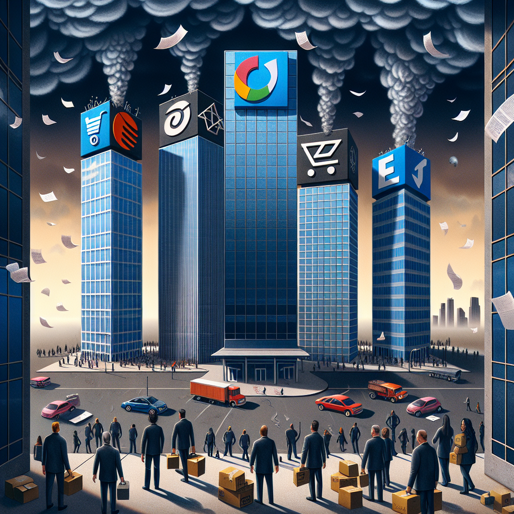 A symbolic representation of multinational tech companies facing tough times: A set of four dominant skyscrapers, each one carrying a logo symbolizing a globe, a shopping cart, a geometric shape, and an electric vehicle respectively, under a stormy sky with dark thunderclouds. The streets below are filled with papers flying in the wind, representing redundancy notices or 'pink slips'. An assortment of people from various occupations such as software engineers, product managers, and operations personnel of various descents and genders are depicted leaving the buildings with gloomy expressions, carrying boxes of their belongings.