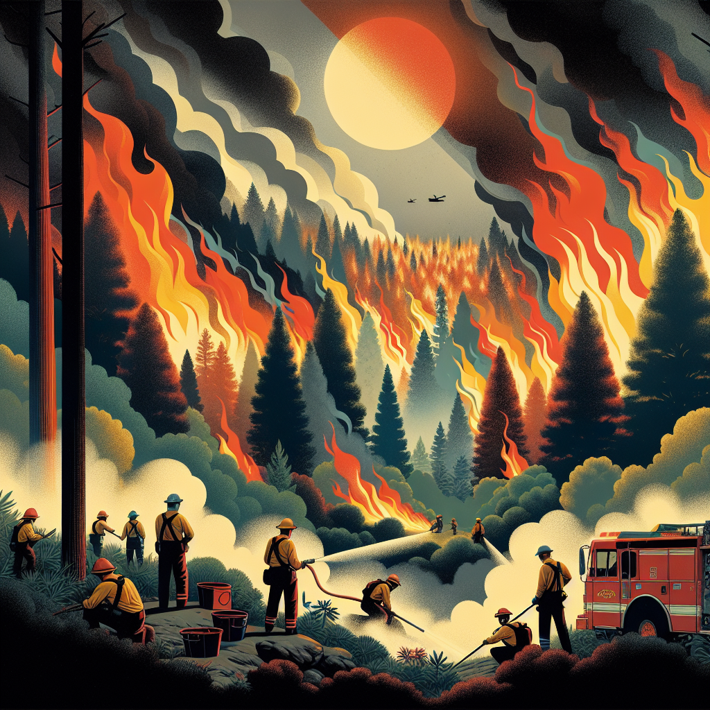 An illustration capturing a severe wildfire spreading through a dense forest in the United States, under an oppressively hot and glaring sun. The fires are fierce, with tall orange and red flames lapping at the greenery, creating a stark contrast. Emergency personnel, a diverse group comprising of an Asian female, African-American male, and a Middle-Eastern male, work tirelessly near the edge of the blaze, operating advanced firefighting equipment. Predominant colors are red, orange, yellow for the fire and sun, with dark smoky grays for the sky, and silhouetted greens and browns for the forest.