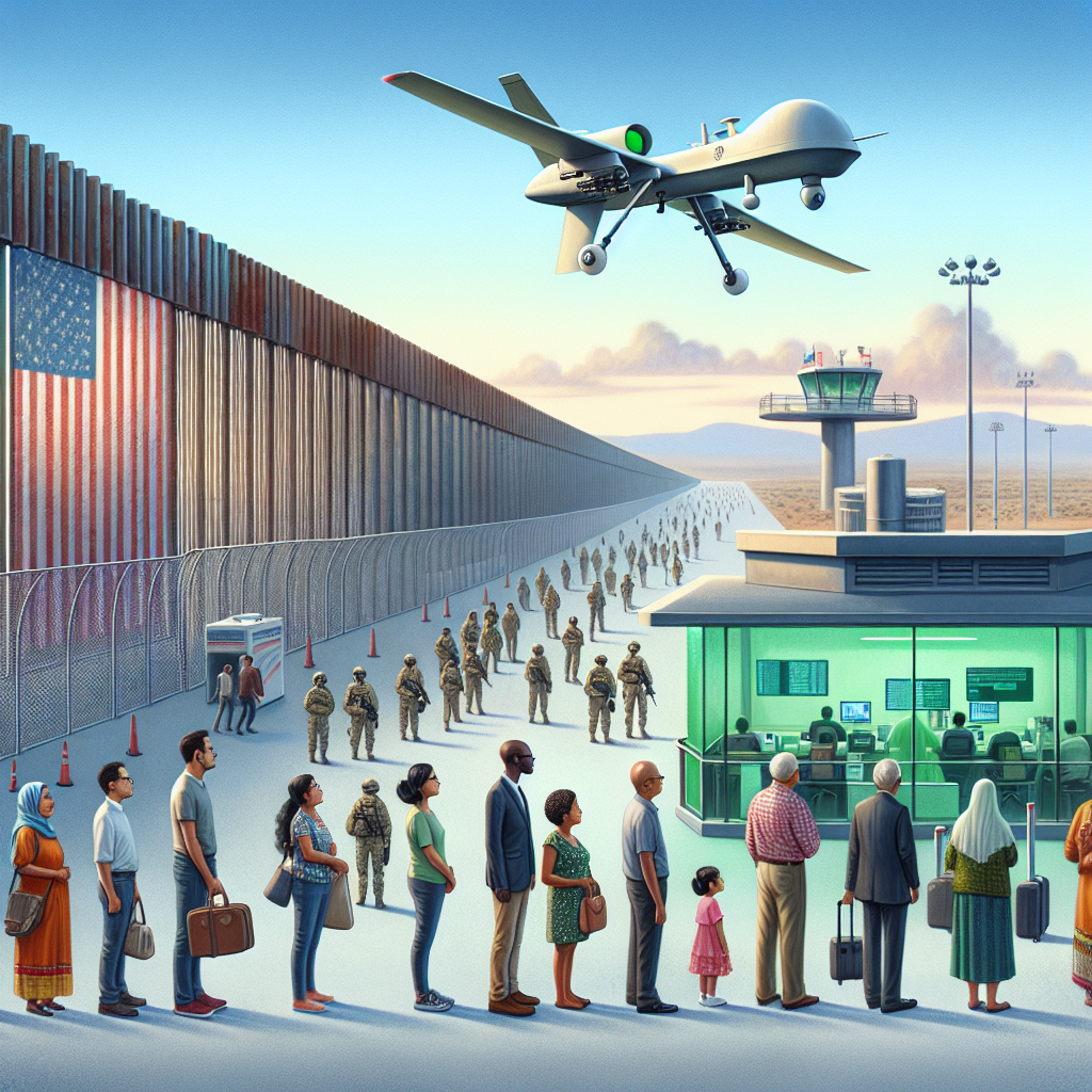 An illustration of the latest advancements in border security against a landscape of modern architecture, representing the enhanced U.S immigration policy. Display an unmanned drone patrolling along a wall fortified with technology such as thermal imaging sensors and biometric scanning stations. Above, a clear sky adorned with the American flag. To the side, a group of international travelers, South Asian women, Black men, Hispanic children, and Middle-Eastern senior citizens, waiting in a neatly formed queue at an immigration checkpoint showcasing a glass-fronted, green-colored kiosk embellished with an electronic screen that demonstrates streamlined processing.