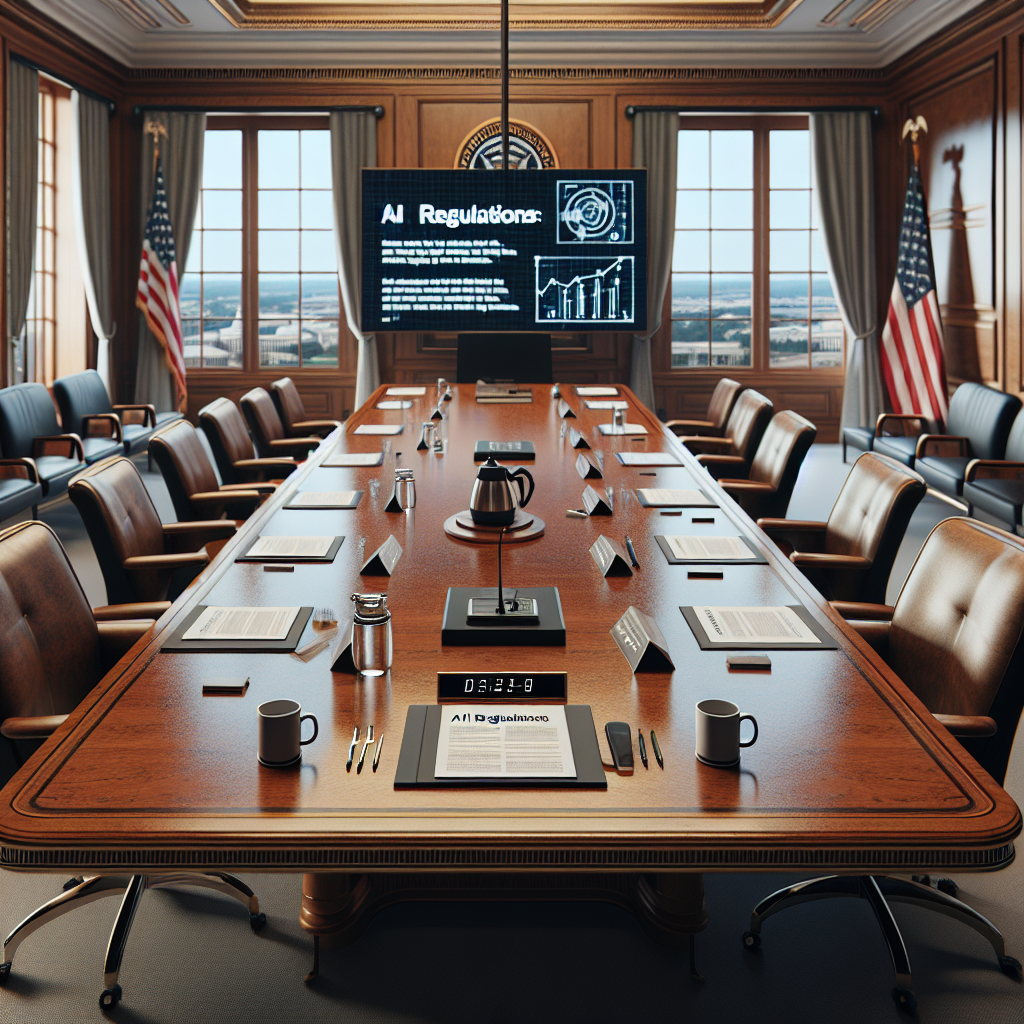 A large polished wooden table in an official meeting room, with several documents titled 'AI REGULATIONS: BEST PRACTICES.' Littered on the table are coffee mugs, pens and laptops. Displayed on a screen at the one end of the table is a simple yet powerful infographic describing some best practices for AI regulation. The room has a large window overlooking Washington D.C., a symbolic representation of power and authority. Several empty chairs of varying design styles are set around the table, waiting for the participants of the meeting.