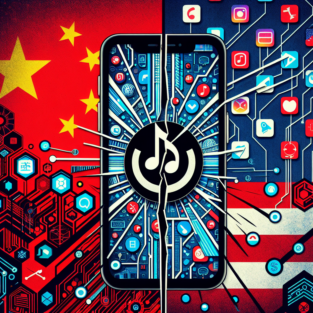 The image displays an abstract representation of the rising tensions in global tech politics. It features a cracked mobile phone screen in the middle, with an app symbol resembling a combination of a music note and a clock on the display. Visible through the crack is a symbolic representation of two flags, one being a collage of various technology icons and digital patterns symbolizing the US tech industry, and the other imitating traditional Chinese patterns and imagery, signifying China. They clash in the middle, meeting at the crack on the phone screen.