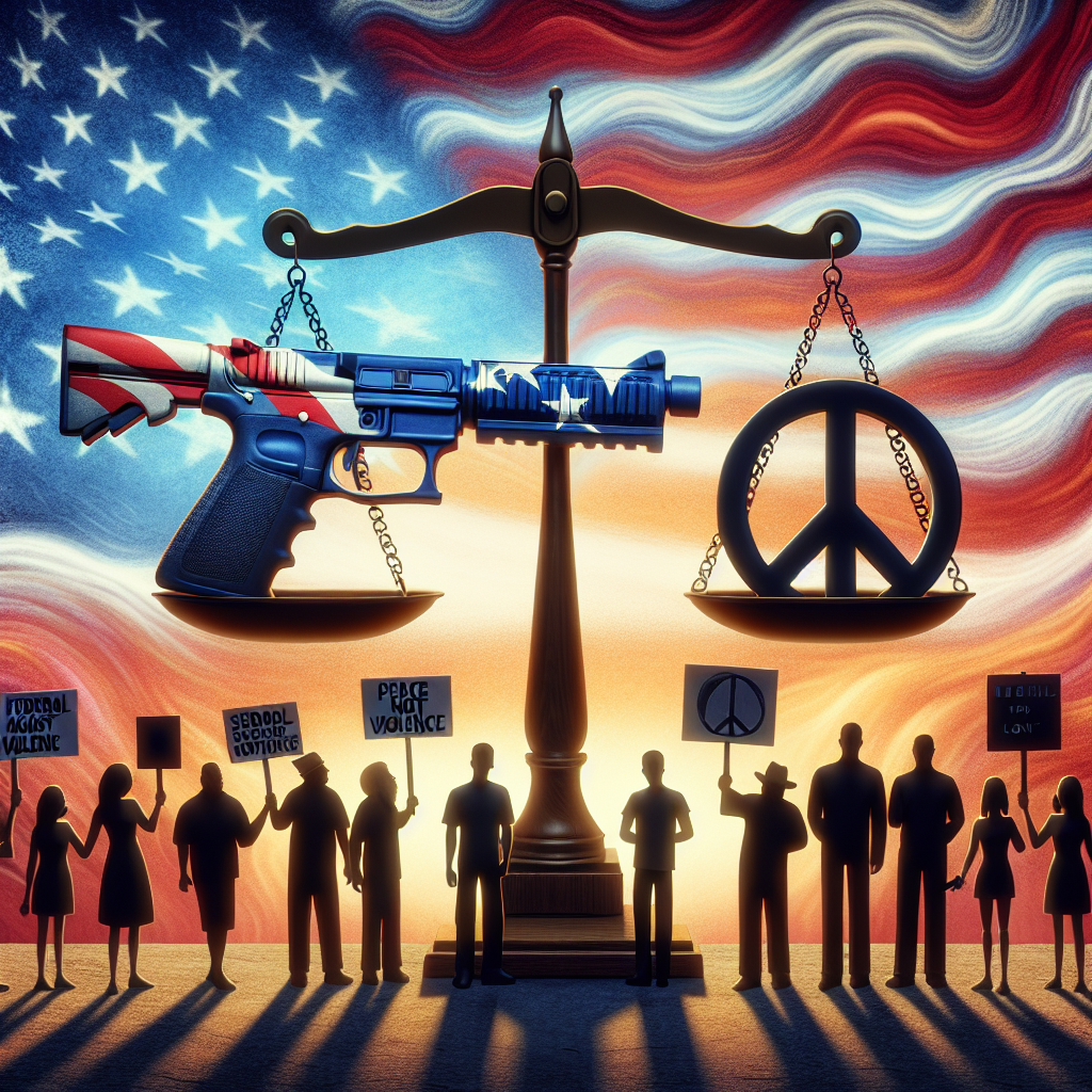 A scaled representation of United States staring at scale balance, one side holds a 3D modeled gun and on the other a peace symbol, showcasing the concept of federal gun control legislation. The background is filled with swirling hues of Americana shades signifying the struggle and the need for legislation against gun violence. Additionally, include silhouette figures of diverse group of citizens holding signs with phrases such as 'Stand Against Gun Violence', 'Peace Not Violence', all under a soft, evening sky. A sense of urgency, hope, and determination reigns in the scene.