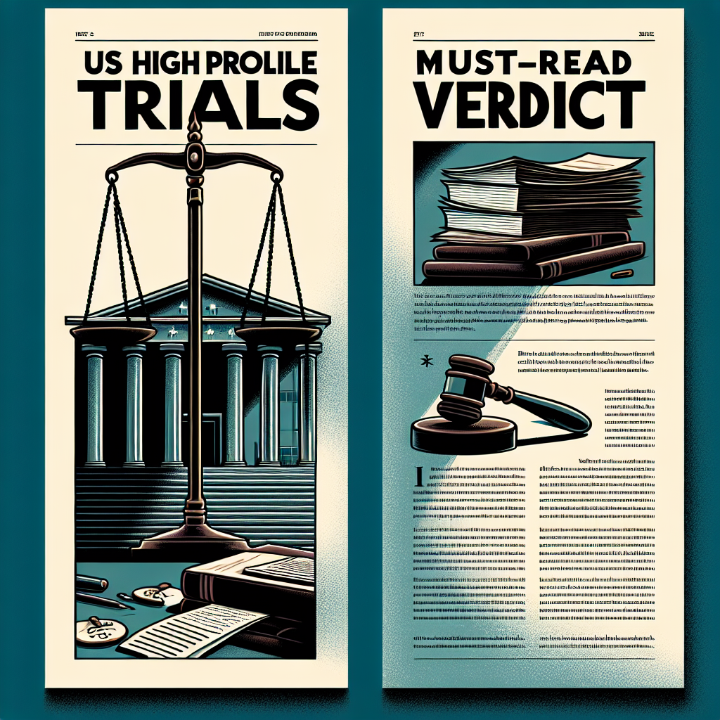 Illustration of a title page for an article titled 'US High-Profile Criminal Trials: Must-Read Verdicts'. The design should include an image of a courthouse with a set of scales balanced equally, symbolizing justice, but not any specific courthouse or trial. Also include a stack of papers with the word 'VERDICT' written on the top page. The design should focus on the concept of criminal trials and the important role they play in justice. Please ensure the colors used evoke a sense of seriousness and gravity associated with these trials. Avoid any depiction of specific people or trials.