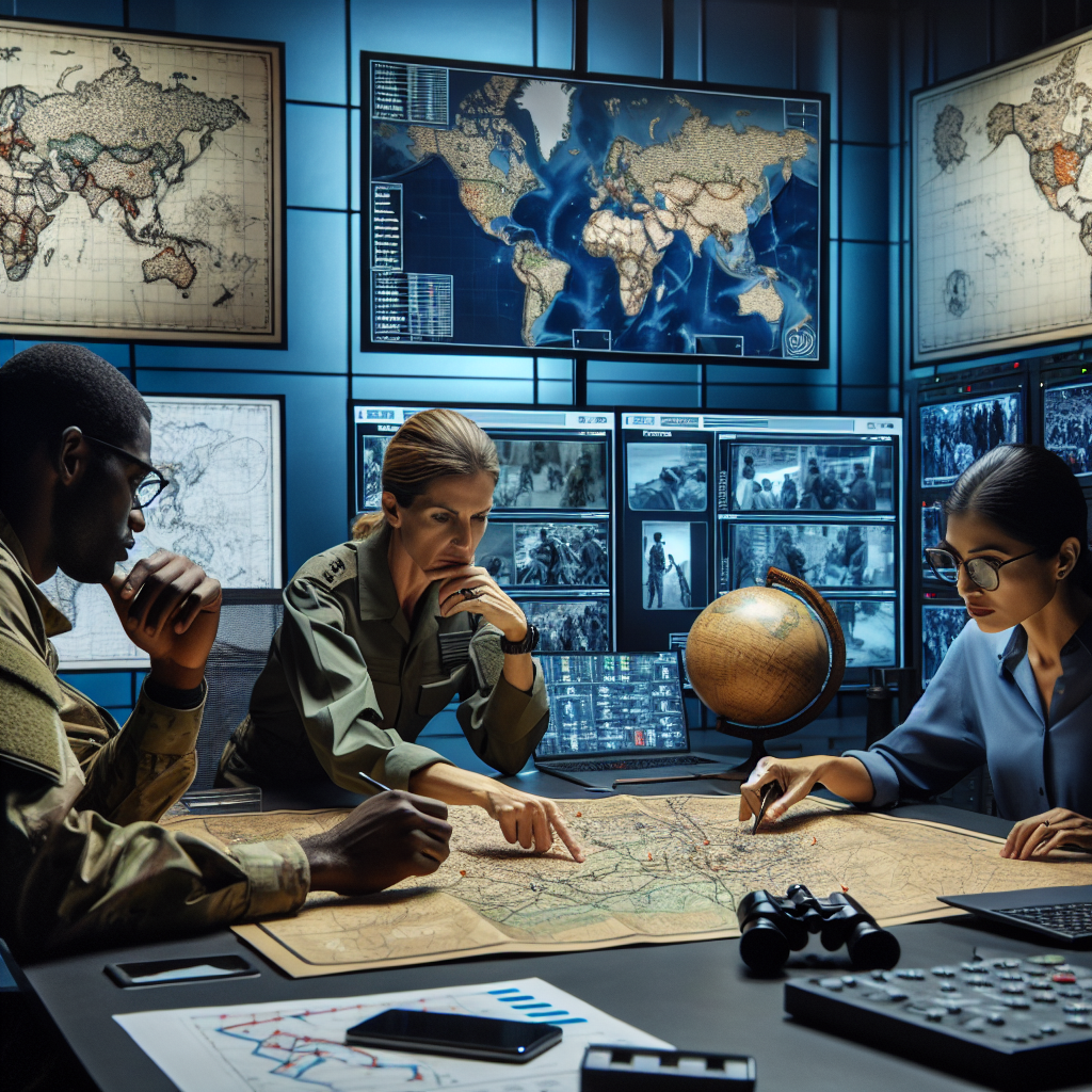 A tactical map spread across a table in a well-organized high-tech security room with screens showing surveillance footage. Three people are around the table - a middle-aged Caucasian woman in military uniform, a young Black man with glasses analyzing the map, and a South Asian woman using a computer nearby. The walls bear posters of geographical regions, charts denoting strategies, and timelines for aid distribution. A globe and binoculars sit atop a corner table.
