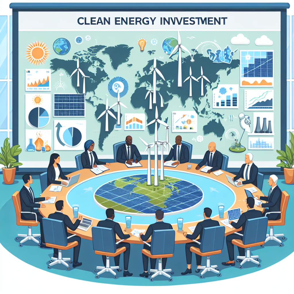 Illustrate an important scenario in clean energy investment. The scene includes a meeting room with a large round table featuring a world map. Around the table sits an equal representation of men and women of various descents which include Caucasian, Hispanic, Black, Middle-Eastern, and South Asian. They are engrossed in a discussion about clean energy strategies for climate change legislation. Charts, graphs, and infographics showcasing different types of renewable energy (solar, wind, hydro) are presented on screens. Several models of wind turbines, solar panels, and hydroelectric dams are placed on the table.
