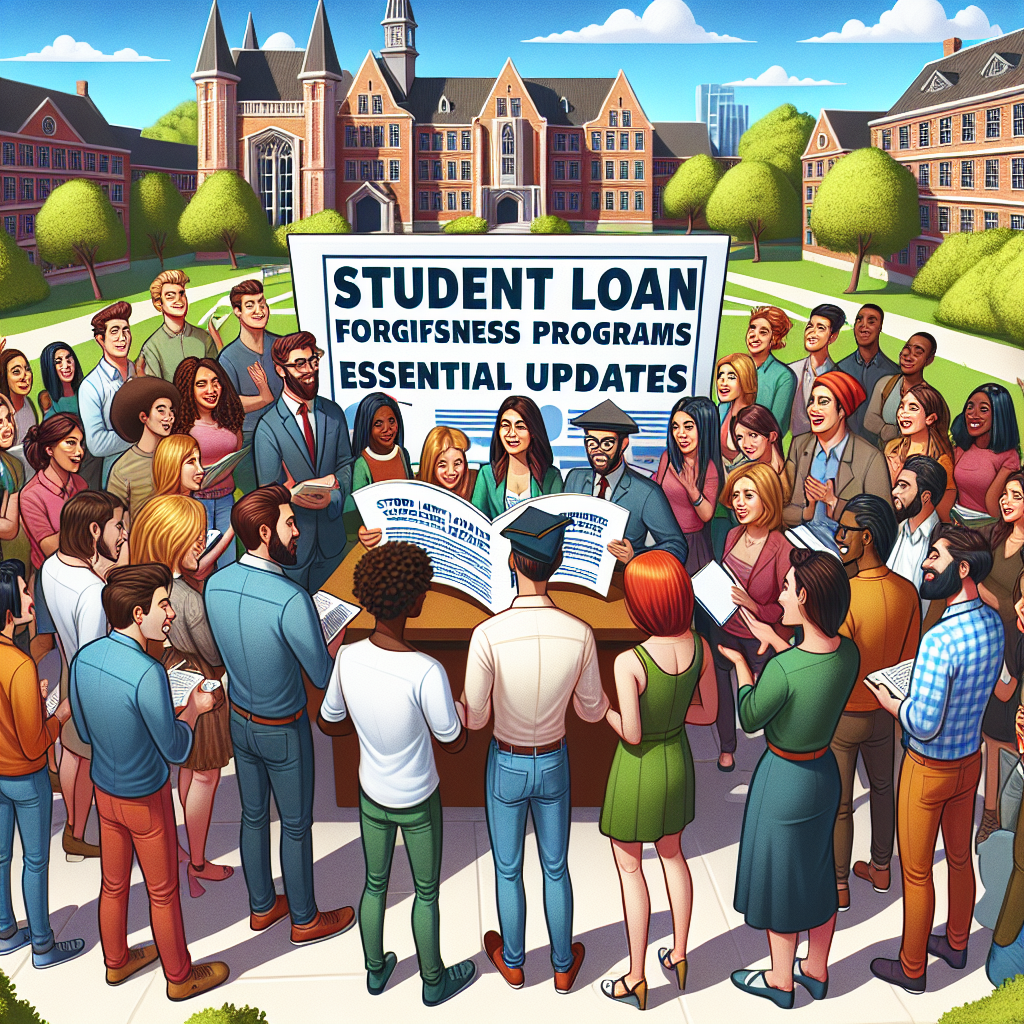 Create an image depicting a variety of university students from diverse descents such as Caucasian, Black, Middle-Eastern, and South Asian, both male and female, gathered around a large sign which reads 'Student Loan Forgiveness Programs: Essential Updates'. They are eagerly reading the announcement and showing a mix of relief and happiness. In the background, the campus setting includes green trees, old buildings, and bright blue sky adding a sense of calm and hope.