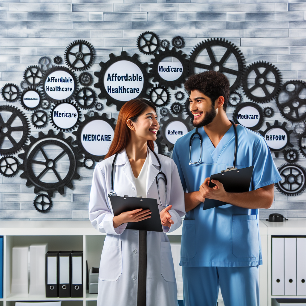 Picture this: The setting is a bright medical facility where a Caucasian female doctor and a South Asian male nurse are engaged in a lively professional discussion. They are standing before a wall filled with cogwheel symbols that represent changes and reforms. Among the cogwheels, words such as 'Affordable Healthcare', 'Medicare' and 'Reform' are prominently visible. The individuals appear optimistic and determined, highlighting the article's theme of crucial healthcare reforms ensuring affordable Medicare.