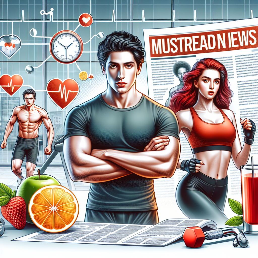A visual representation of an informative health article featuring generic fitness elements. In the foreground, a healthy and fit unnamed male celebrity with black hair and a female celebrity of Middle-Eastern descent with red hair are doing cardio exercises in a well-equipped gym. The background should include fitness-related symbols like a heart rate monitor, a glass of fresh juice, a dumbbell. The headline 'Must-Read News' prominently displayed at the top.