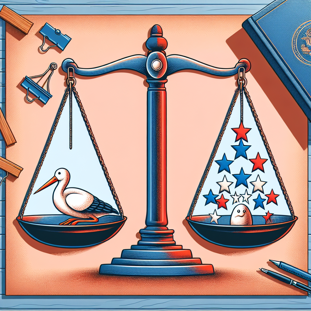 Create an image showing a balanced scale with two plates at the same level, each plate holding a symbolic representation. On one plate, place a book symbolizing law and the Supreme Court. On the other plate, place a stork symbolizing childbirth, surrounded by 7 stars filed with the colors red, white and blue representing key rulings.