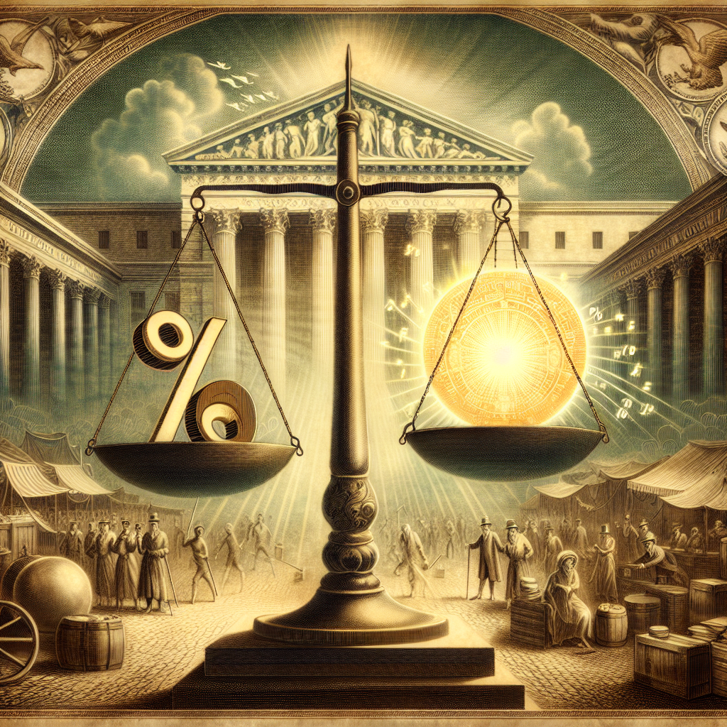 Visualize an abstract representation of financial concept, featuring a large, antique-looking scale balancing a symbol of interest rate, such as percent sign (%), on one side and a glowing orb depicting a bright economic future on the other. The backdrop could be an old, ornate engraving of a busy market scene with merchants of various descents, genders, and occupations, to symbolically represent the global economy. In the heavens above the scale, a symbolic representation of the Federal Reserve, such as a grand, classical edifice, presides over the scene, directing the balance.