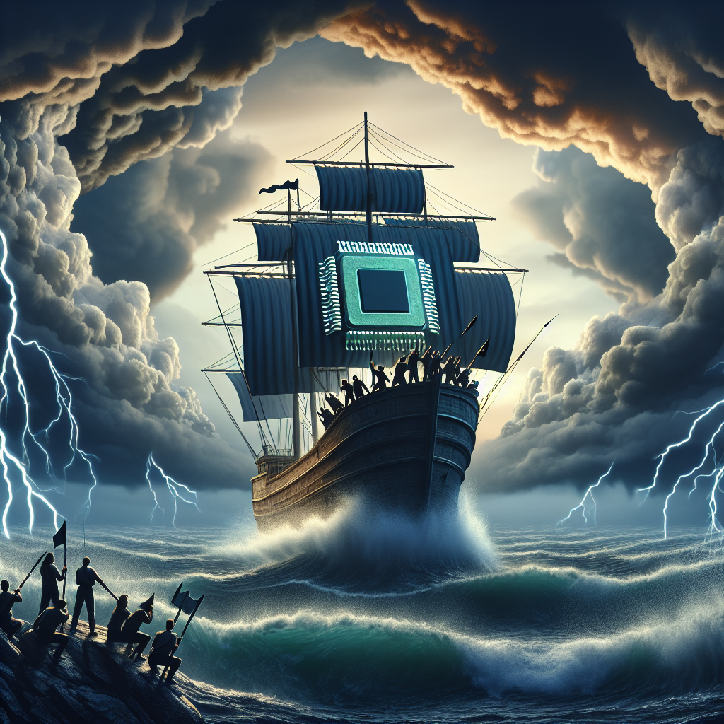 Visualize a scene displaying the concept of resilience in the tech industry among massive layoffs. Show a ship, bearing the logo of a symbolic microchip, sailing steadfastly through a stormy ocean, signifying the turbulence in the job market. Include a tumultuous sky filled with ominous clouds and lighting. Despite the adversities, the ship's crew, composed of a diverse set of individuals of various descents and genders, is working diligently to keep the ship on course. They exhibit determination and resolve, symbolizing their steadfast resilience during challenging times.