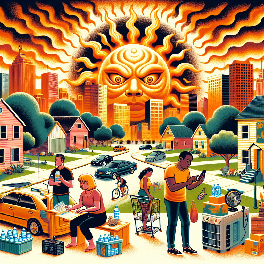 Create a detailed image of an ominous sun radiating intense heat rays over an urban neighborhood. The neighborhood layout should include houses, tall trees, playgrounds, and some parked cars. A few inhabitants should be seen preparing for the heatwave: A Caucasian elderly female checking weather updates on her mobile, a Hispanic middle-aged male installing sun curtains in his car, a Black young woman loading bottles of water in her grocery bag, and a South Asian teenager assembling a fan. They are all looking concerned but prepared. The color scheme should reflect warmth and intensity to highlight the extreme weather.