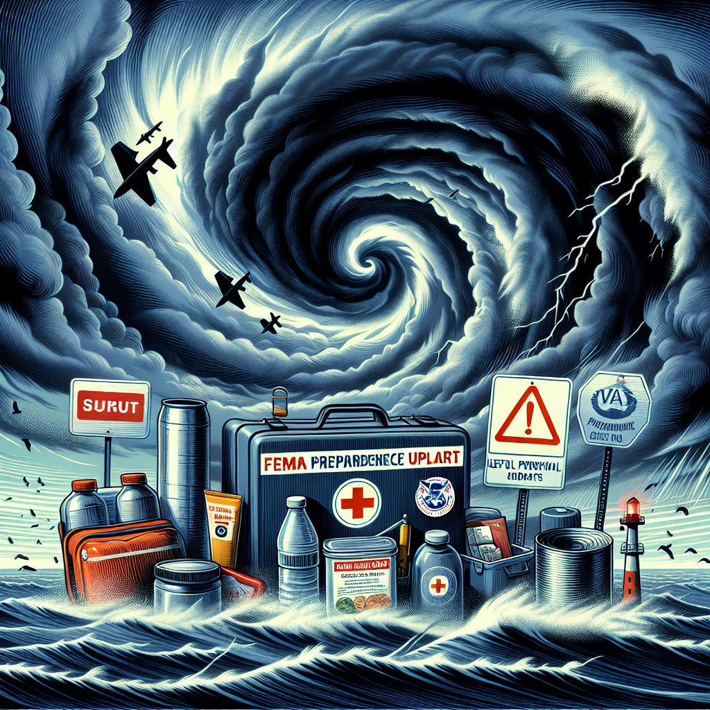 An illustrative depiction of severe weather conditions during the hurricane season. The image should include dark, ominous clouds suggesting an upcoming storm, with gale-force winds depicted. Include a symbolic alert, such as a red warning flag or a signal, indicative of the emergency situation. Also include representations of FEMA preparedness updates like a useful survival kit, containing items like bottled water, canned foods, first-aid kit, and a handheld radio. Ensure a sense of urgency but also preparedness to face the situation efficiently is communicated in the scene.