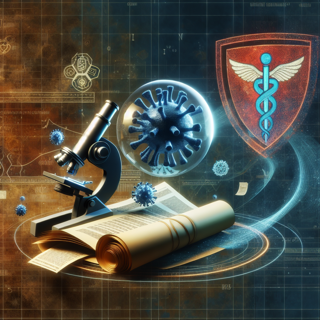 Depict a conceptually abstract image, incorporating elements of modern global health and scientific research. The focus should be on a symbolic representation of a virus, perhaps shown under a microscope. Nearby, a scroll or paper could be unfolding with an urgent message written on it. An emblem representing the CDC (without mentioning the organization by name), such as a shield embossed with a medical cross, may be floating, providing a sense of guidance and protection. The image should be filled with serious, but hopeful tones to emphasize the urgency, but also possibilities of overcoming the crisis.