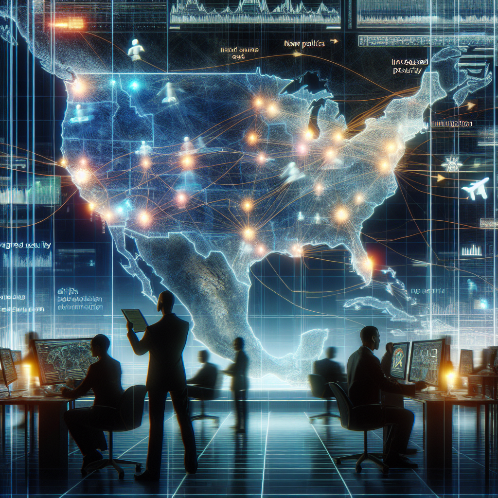 An abstract visualization depicting the concept of border security. Picture a large digital map with bright nodes representing various points of entry along an outline symbolizing a country's borders. Include ticker tape at the bottom periodically displaying phrases like 'New Policies', 'Increased Security Measures', and 'Shifts in Immigration'. Also, show a professional team comprising of an Asian male researcher studying the data on the wall of monitors, a Black female strategist finalizing an operational blueprint at a glass desk, and a Hispanic male technician checking a digital panel full of controls and buttons.