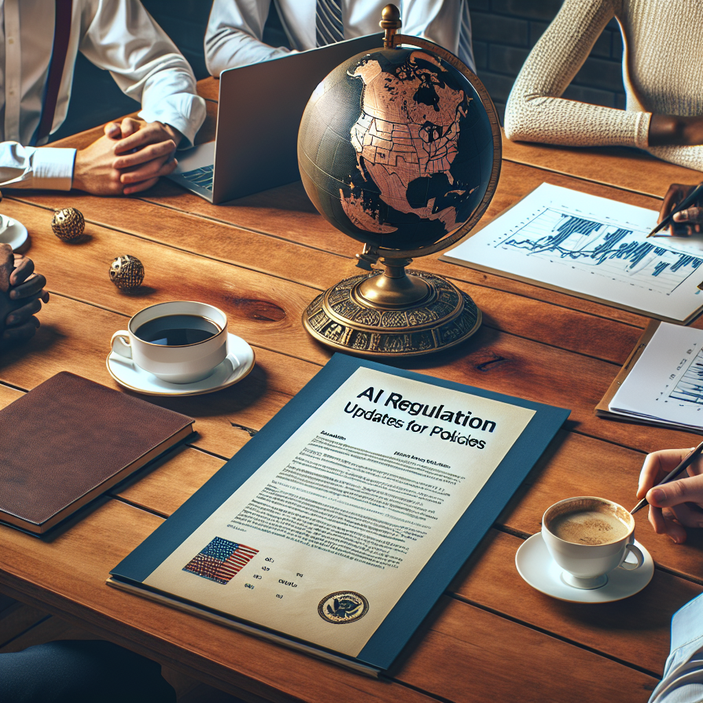 An image of a wooden table with a report titled 'AI Regulation: Updates on Policies'. The report is flanked by a laptop displaying a graph chart and a cup of freshly brewed coffee. On the other side of the table is a brass antique globe indicating North America, symbolizing the White House. Around the table, people of diverse descents including Caucasian, Black, Hispanic, Middle-Eastern and South Asian, both male and female, are engaged in a conversation. No specific public figures are present in the scene to avoid potential bias.