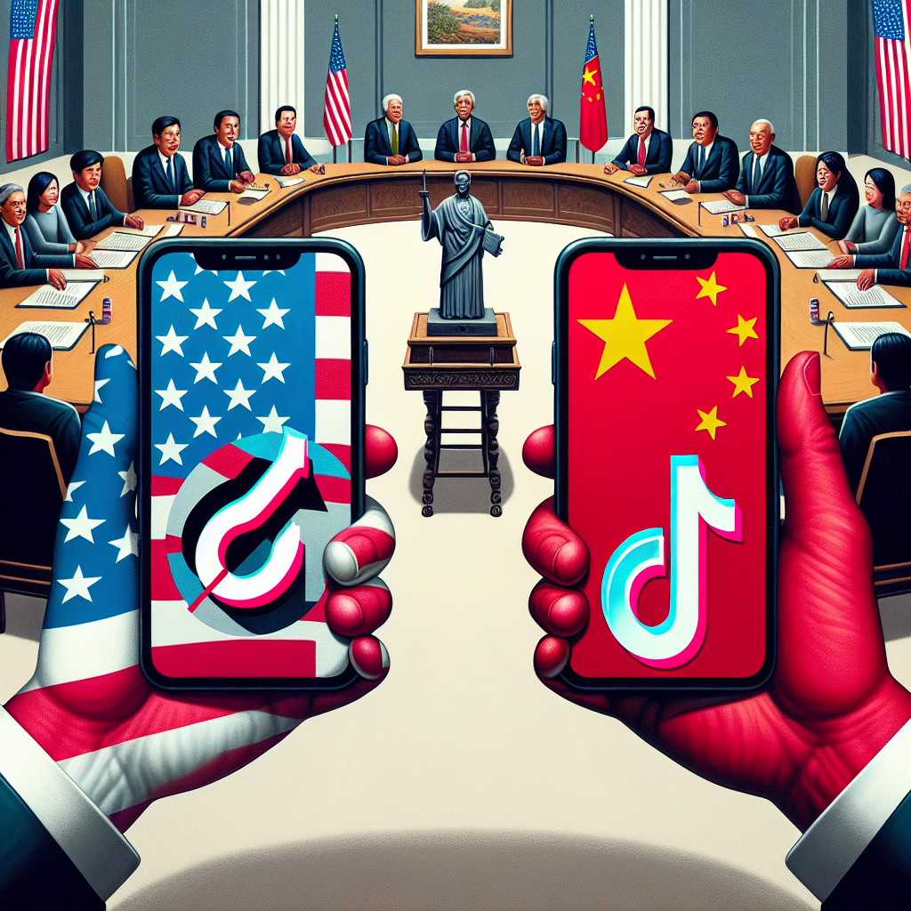 An image depicting a symbolic representation of the US-China tech tensions. Illustrate a pair of handheld devices, one draped in an American flag and another in a Chinese flag, separated by a barrier. On the American phone screen display the TikTok logo with a prohibitive symbol. On the other side shows a thriving TikTok logo. In the background, depict decision makers around a negotiation table, expressing various stages of deliberation. People around the table should include a balanced mix of genders and descents such as Black, White, Hispanic, Middle-Eastern and South Asian individuals. Please present the scene in a neutral and respectful manner.