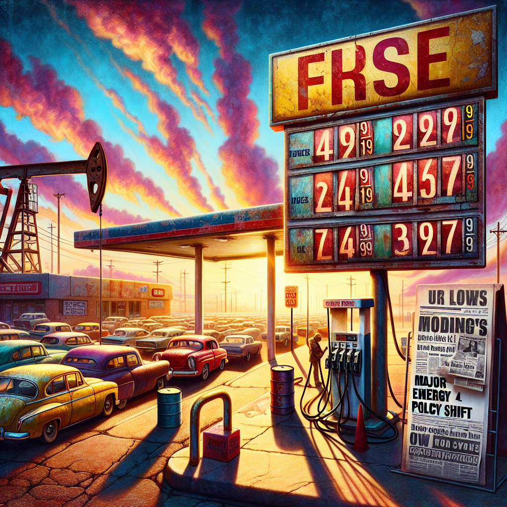 Envision an image of a weathered gas station sign, with the previous higher prices still barely visible beneath the newly reduced prices displayed in bold, vivid figures. Adjacent to the sign, depict a newspaper stand with headlines announcing a 'Major US Energy Policy Shift'. The atmosphere is dynamic, with cars lining up at the pumps to take advantage of the new low prices. The sky appears as a backdrop with a powerful mix of vibrant sunset colors. In the distance, embed an oil derrick, symbolizing the heart of the energy sector. This scene reflects the narrative of plummeting gas prices.