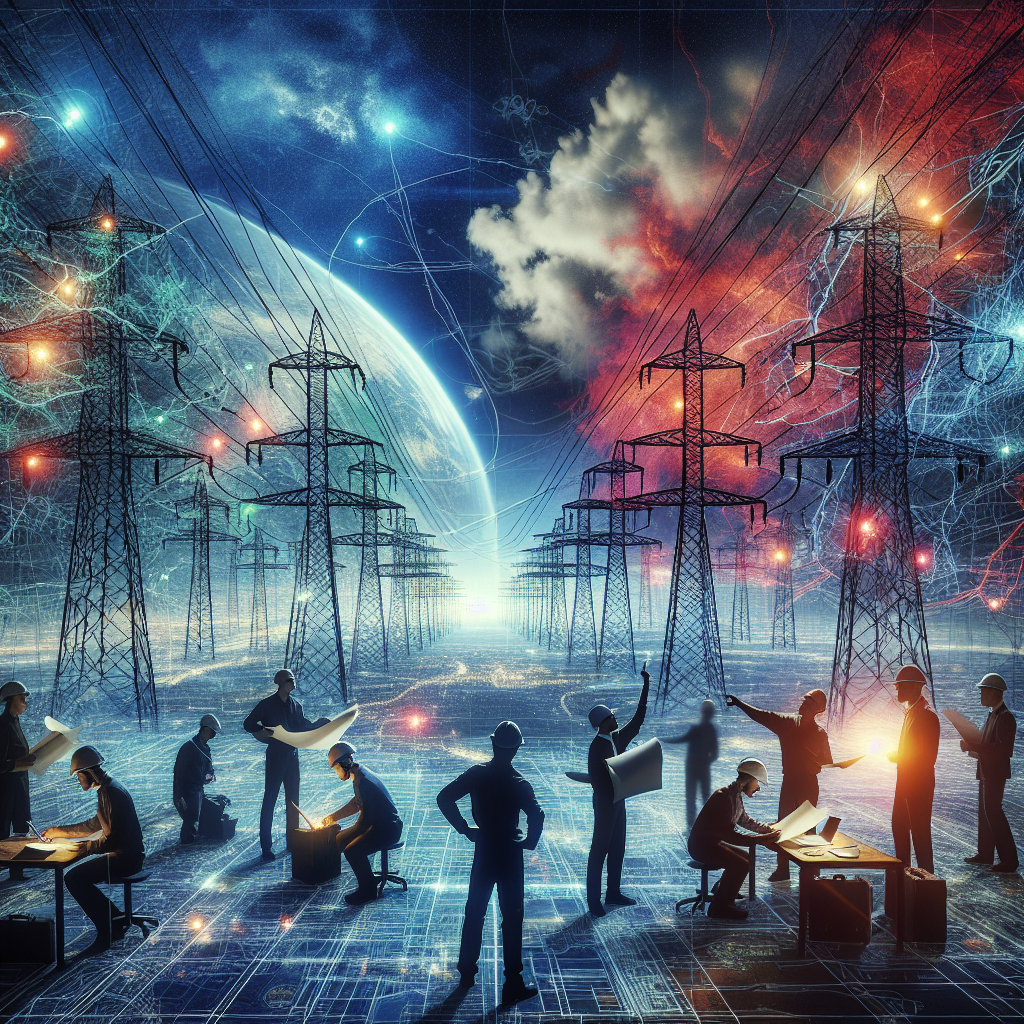 Visualize an intricate network of connected power lines across a vast landscape symbolizing a national power grid. Some lines are glowing brightly, signifying well-functioning parts, while others are dim or completely dark, indicating areas of failure. On one side, there is a team of Caucasian and Black male and female engineers actively working, equipped with helmets, tools, and blueprints, embodying the prevention measures against a nationwide blackout. The sky is filled with contrasting hues of tranquil blues and aggressive reds, hinting at the severity of the situation.