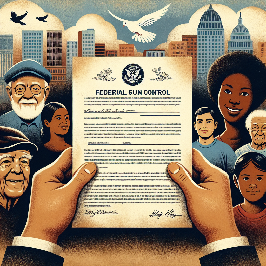 An illustration of two hands holding a piece of legislation with a styled title that reads: 'Federal Gun Control'. At the background, a faded image of community members - a Caucasian woman, a Hispanic man, a South Asian child, and a Black elderly man - smiling and living peacefully. In the sky above them, a dove, a traditional symbol of peace, soars. Further in the backdrop, a city skyline depicting a diverse, peaceful community can be seen. There are no weapons or signs of violence in the image.