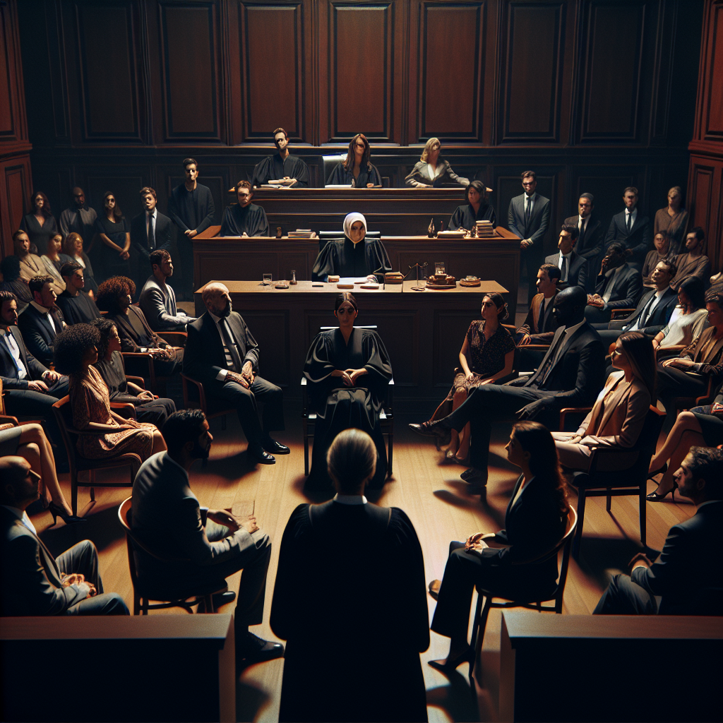 A dramatically lit scene inside a grand courtroom, featuring a diverse cast of people involved in a high-profile trial. The jury of peers, consisting of varied genders and people of Caucasian, Hispanic, Black, Middle-Eastern, and South Asian descent, are sitting in attentive solemnity. An anonymous female judge of Middle-Eastern descent presides over the proceedings from an elevated seat, maintaining an air of seriousness. A pair of male and female lawyers, representing Hispanic and Caucasian descent respectively, are locked in intense dialogue over the court proceedings. The room holds a palpable tension, reflecting the anticipation of a significant verdict.