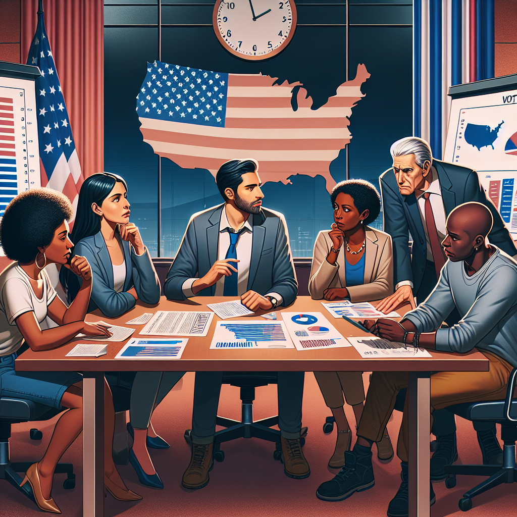 Illustrate a critical discussion taking place among a diverse group of individuals of various descents and genders. In the scene, a Caucasian woman, Hispanic man, Black woman, and Middle-Eastern man are engaged in an animated conversation around a large table filled with documents, maps of the United States, and a digital screen displaying graphs and charts. They appear to be strategizing and analysing data, reflecting the theme of changing voting laws post-us election. A huge clock on the wall suggests urgency, while the serious expressions on their faces highlight the significance of their task.