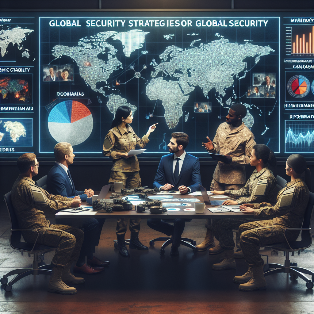 A detailed scene showing a diverse group of five people - two Caucasians, one Hispanic, one South Asian and one Black individual - engaged in a strategic meeting. They are in a military planning room with a large world map on the wall, charts and graphs showcasing data on global security trends, and various military equipment dispersed around the room. Each person is presenting a different aspect of global security strategy, such as economic stability, humanitarian aid, military strength, diplomatic relations, and technological advancement. The atmosphere is serious, as they brainstorm the best strategies for global security.